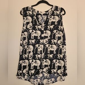 Crown & Ivy Elephant and Monkey Print Blouse - Navy and White